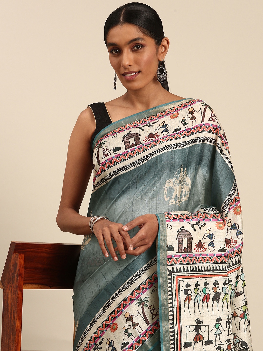 

SANGAM PRINTS Warli Printed Tussar Saree, Teal