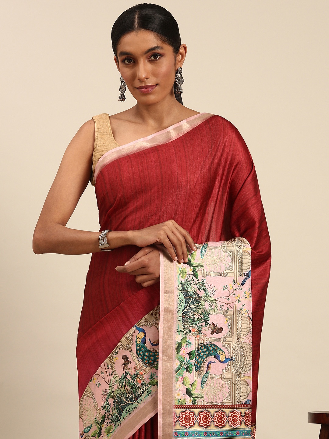 

SANGAM PRINTS Colourblocked Printed Tussar Saree, Maroon