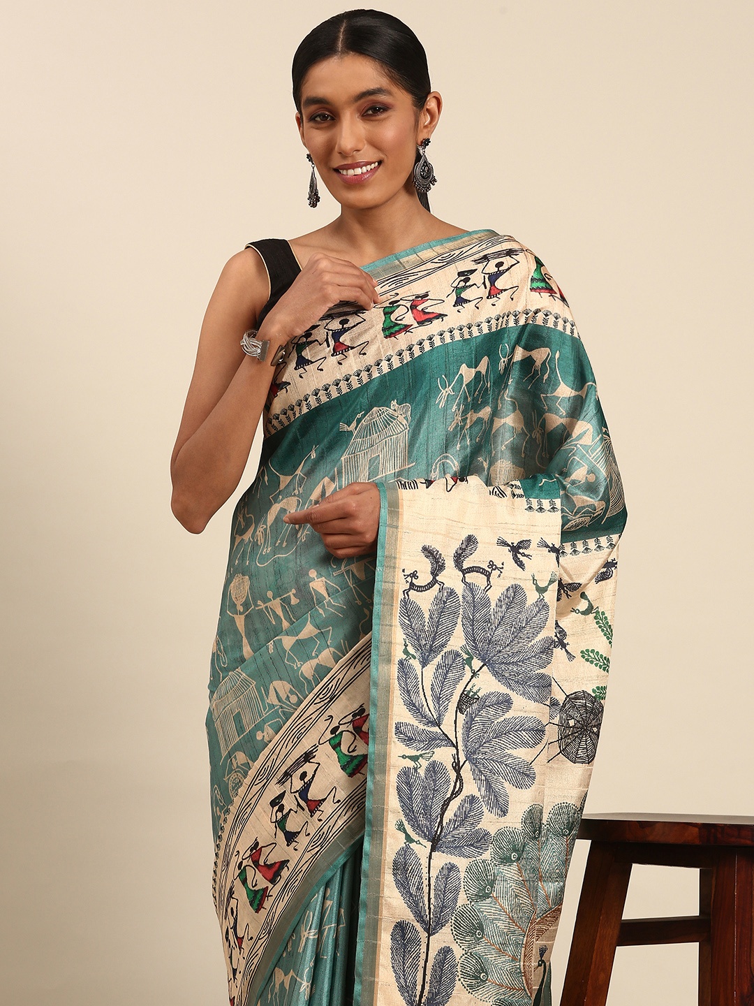 

SANGAM PRINTS Warli Printed Tussar Saree, Blue