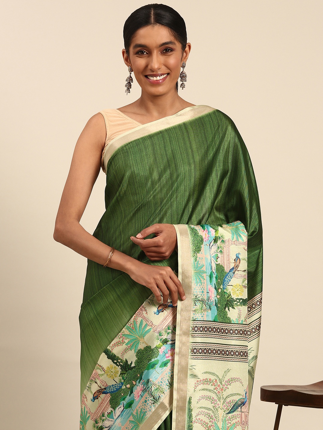

SANGAM PRINTS Printed Tussar Saree, Green