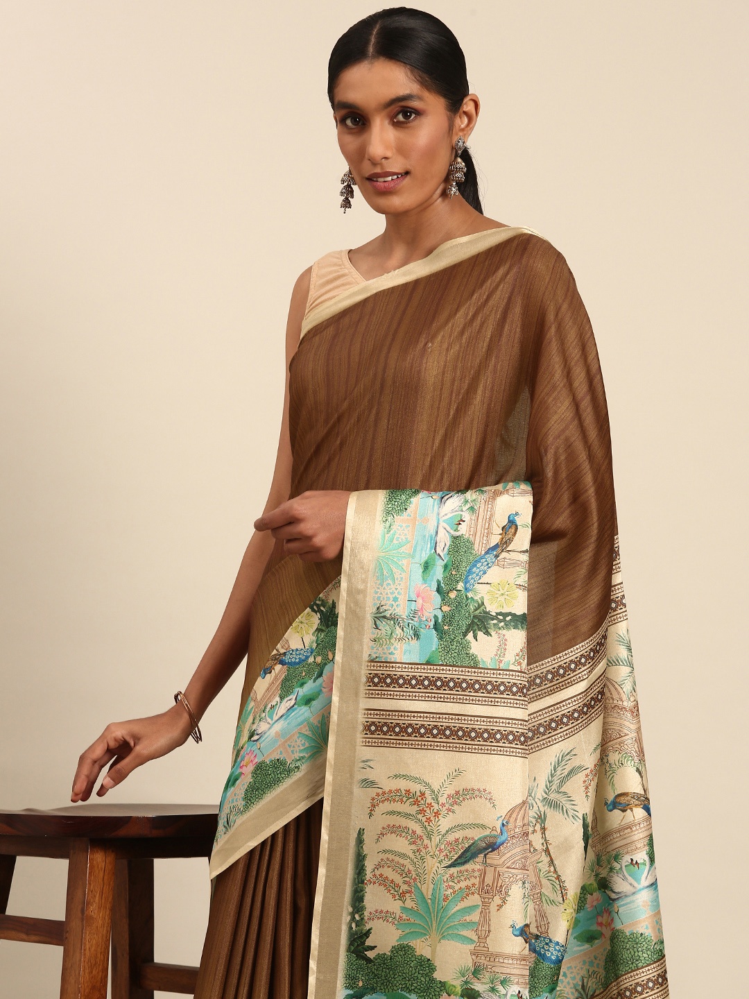 

SANGAM PRINTS Printed Tussar Saree, Brown