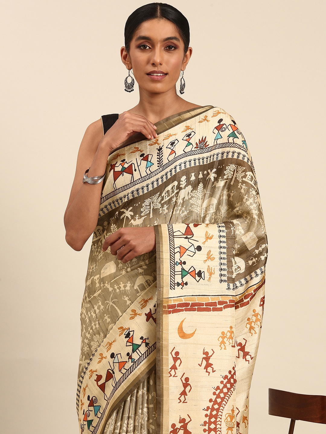 

SANGAM PRINTS Warli Printed Colourblocked Tussar Saree, Olive