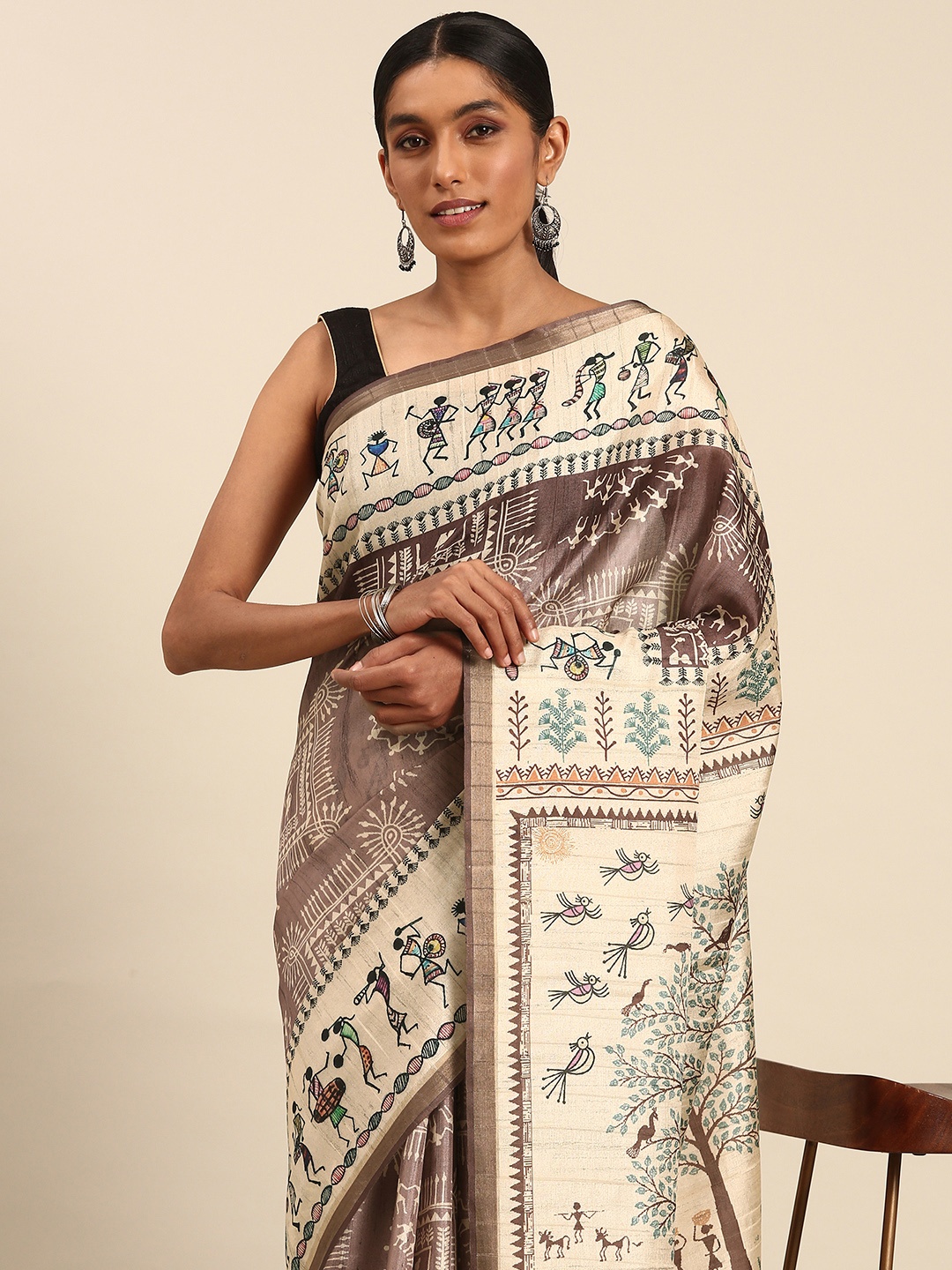 

SANGAM PRINTS Warli Printed Colourblocked Tussar Saree, Brown