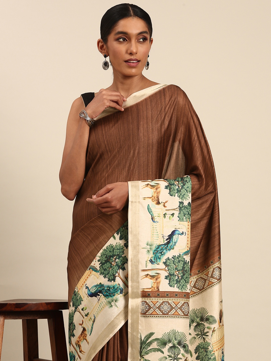 

SANGAM PRINTS Printed Tussar Saree, Brown