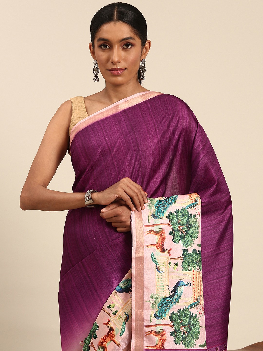 

SANGAM PRINTS Colourblocked Printed Tussar Saree, Purple