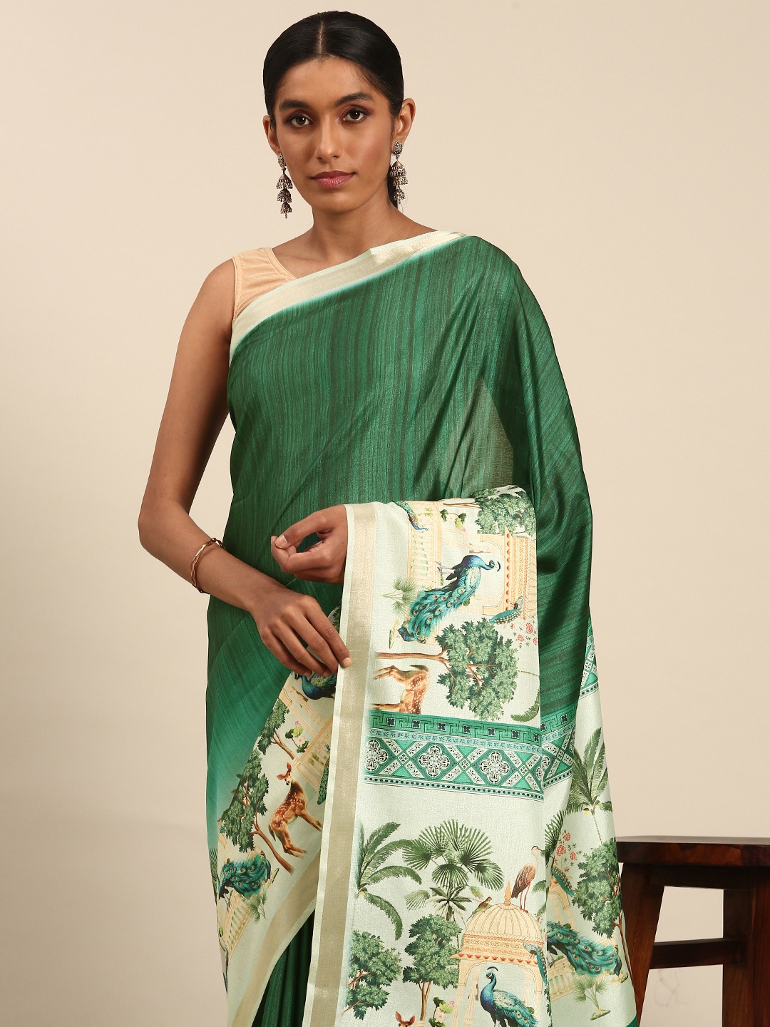 

SANGAM PRINTS Printed Tussar Saree, Green