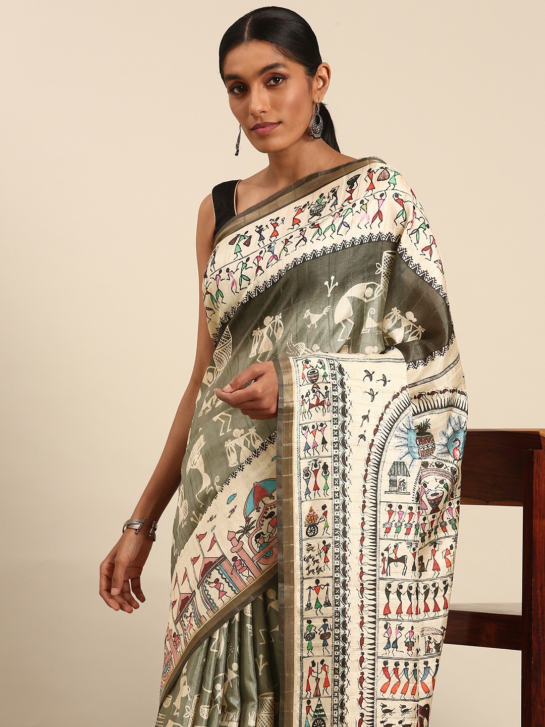 

SANGAM PRINTS Warli Printed Tussar Saree, Olive