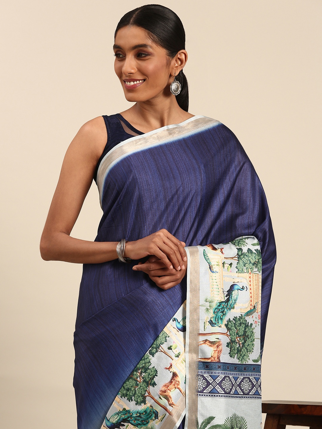 

SANGAM PRINTS Colourblocked Printed Tussar Saree, Blue