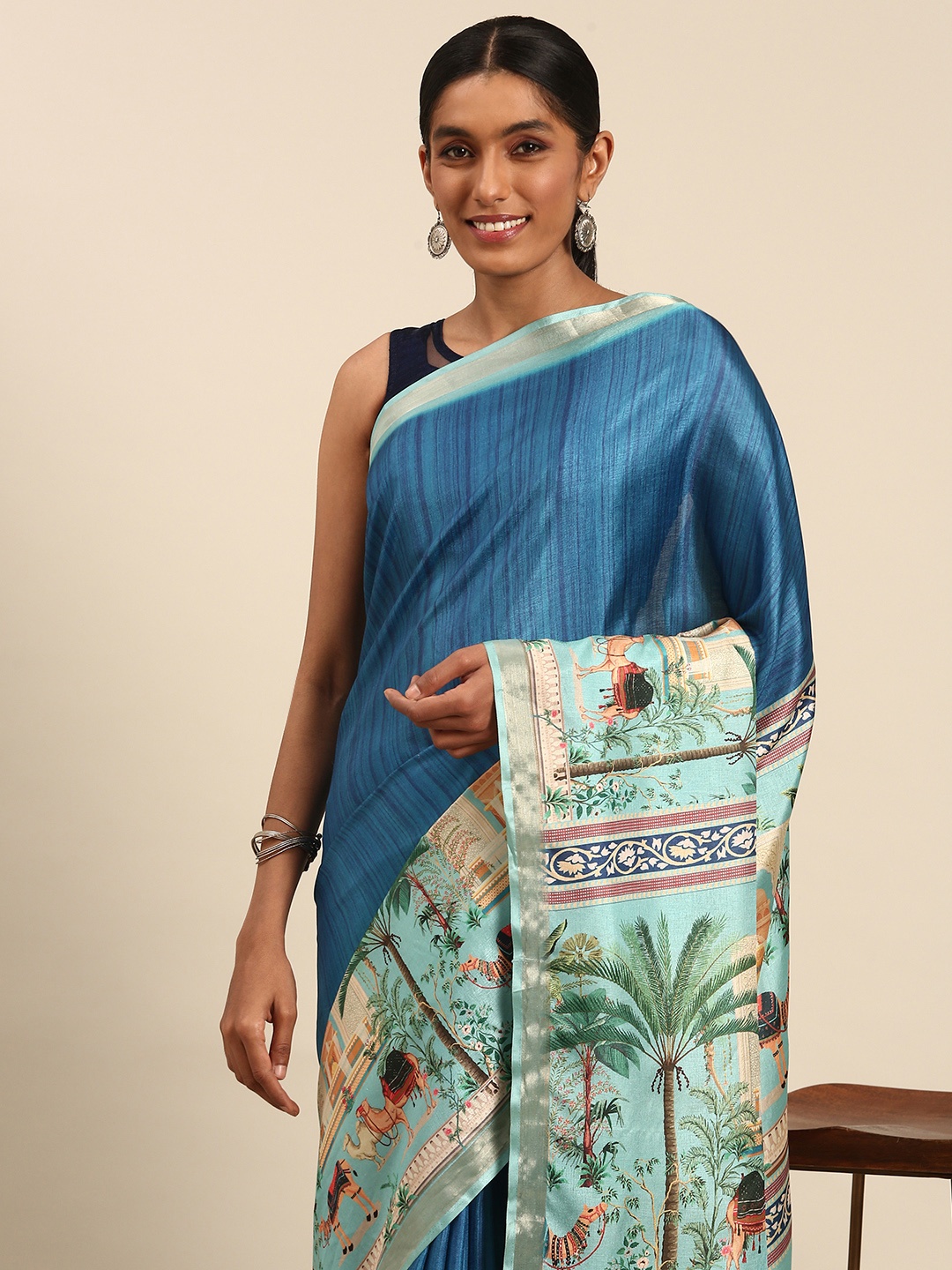 

SANGAM PRINTS Colourblocked Printed Tussar Saree, Blue
