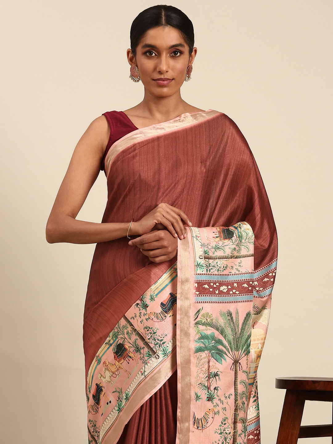 

SANGAM PRINTS Printed Tussar Saree, Rust