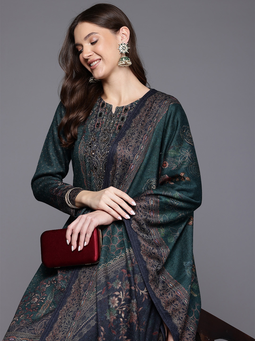 

Cayman Ethnic Motifs Printed Beads & Stones Pure Wool Kurta With Trousers & Dupatta, Green