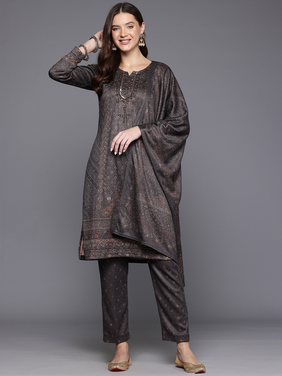

Cayman Ethnic Motifs Printed Beads & Stones Pure Wool Kurta With Trousers & Dupatta, Olive