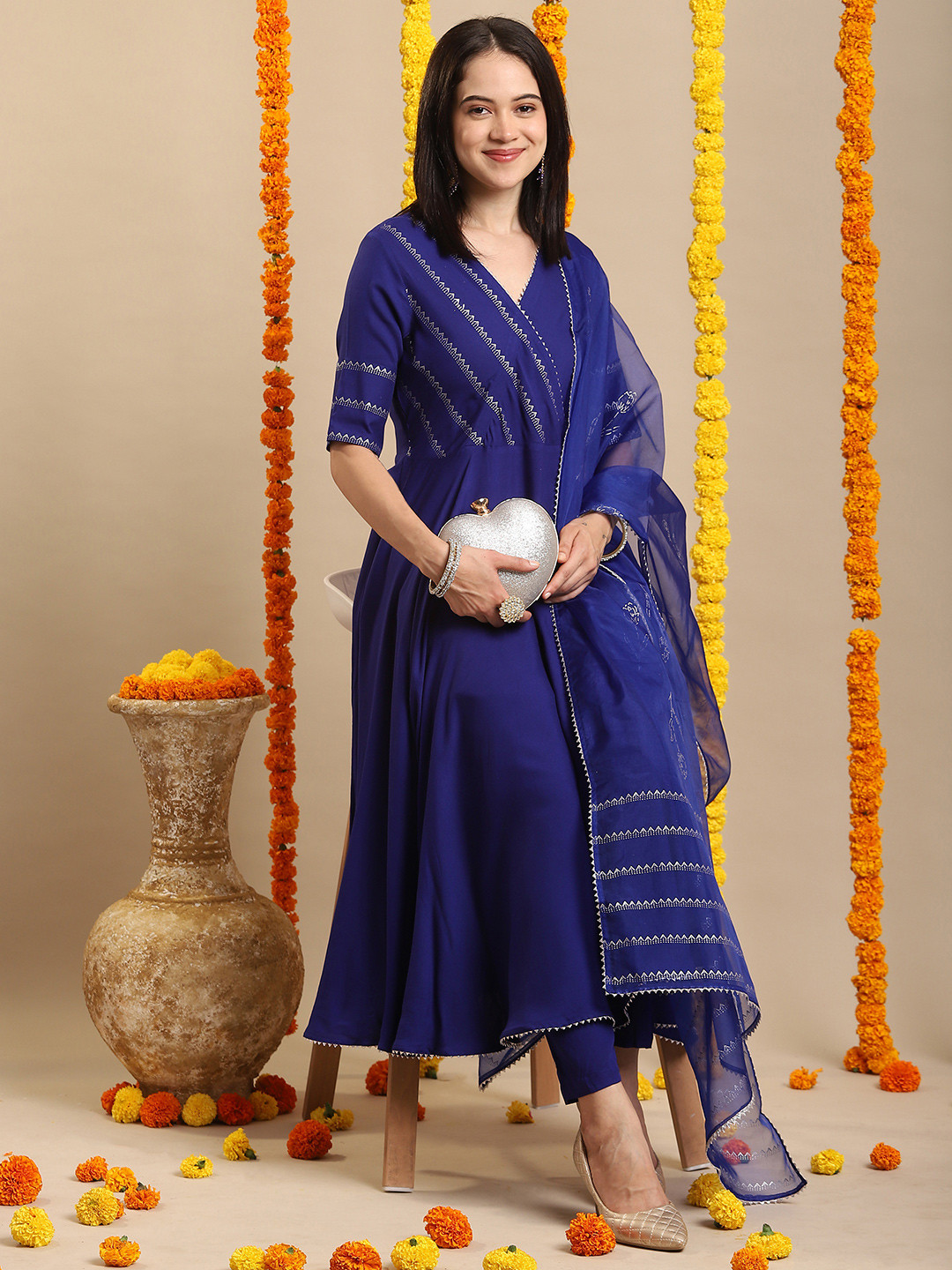 

GoSriKi Anarkali Gotta Patti Kurta with Trousers & Dupatta, Blue