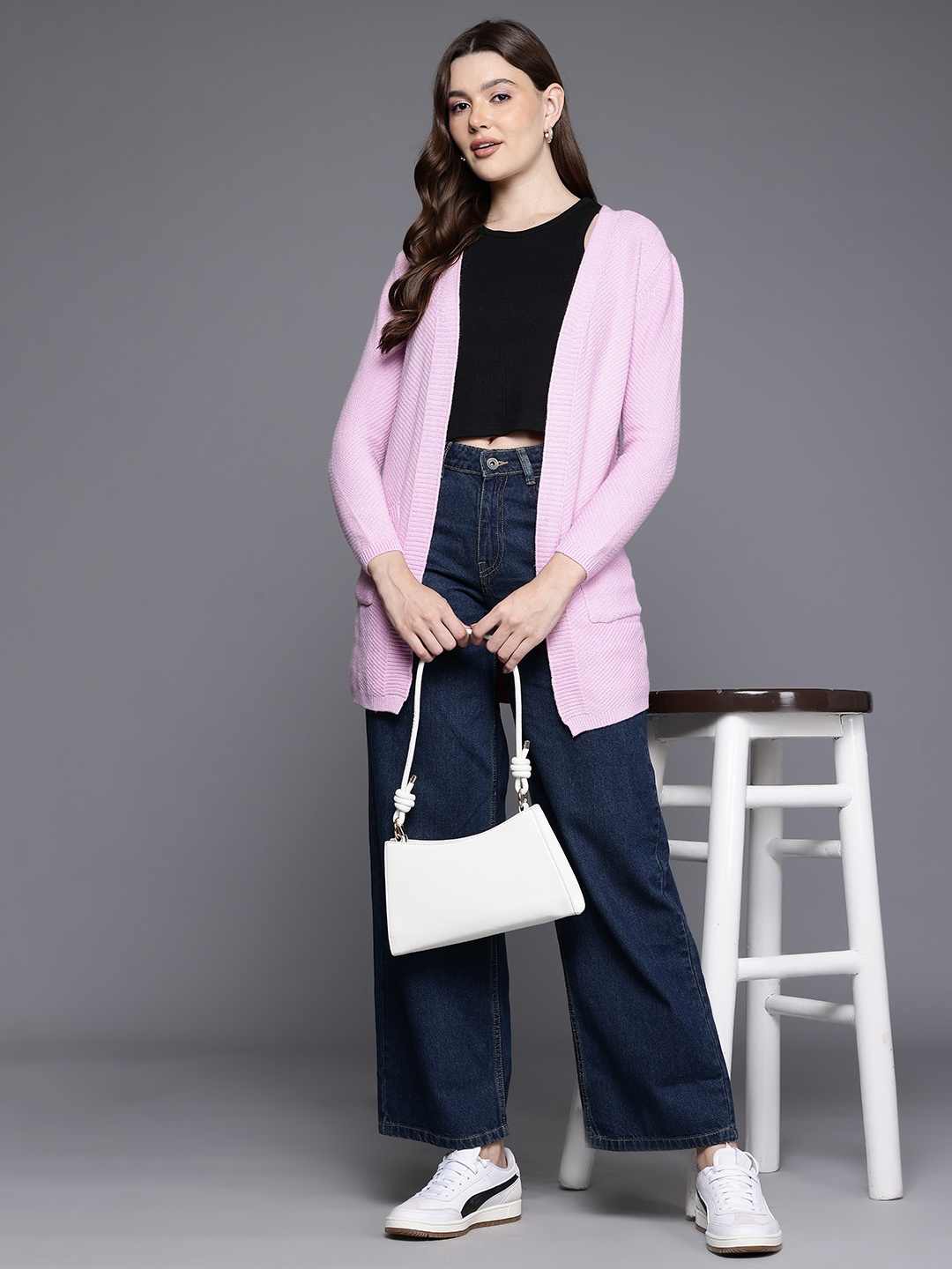 

Cayman Solid Woollen Longline Cardigan, Pink