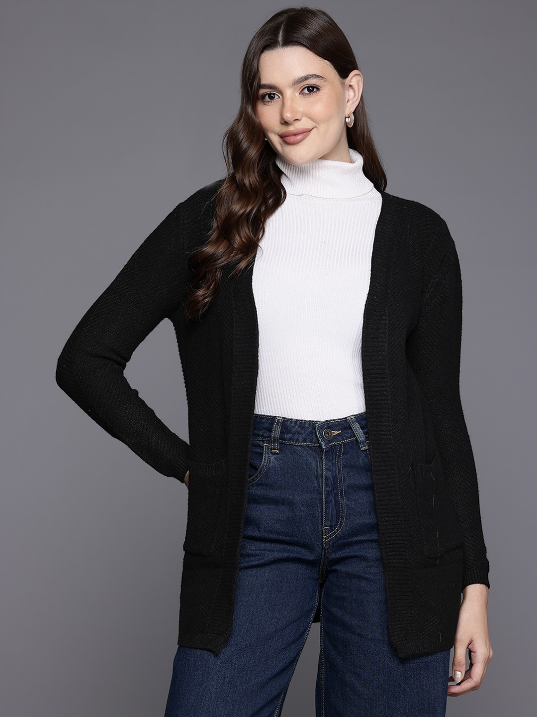 

Cayman Solid Woollen Longline Cardigan, Black