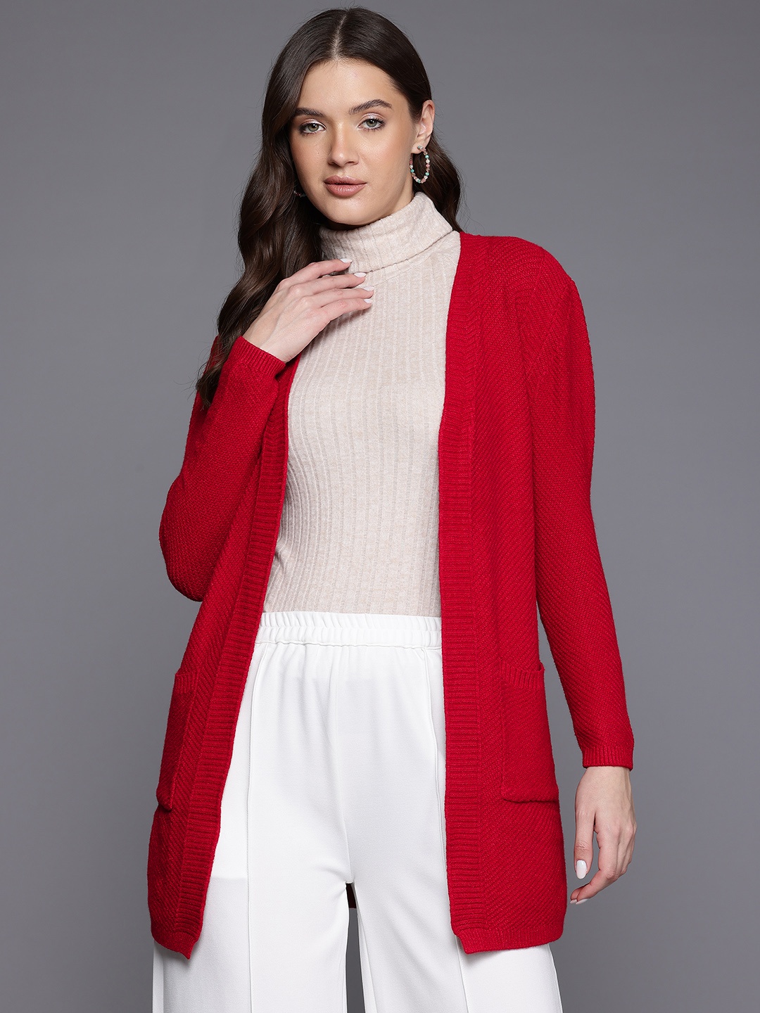

Cayman Solid Woollen Longline Cardigan, Red