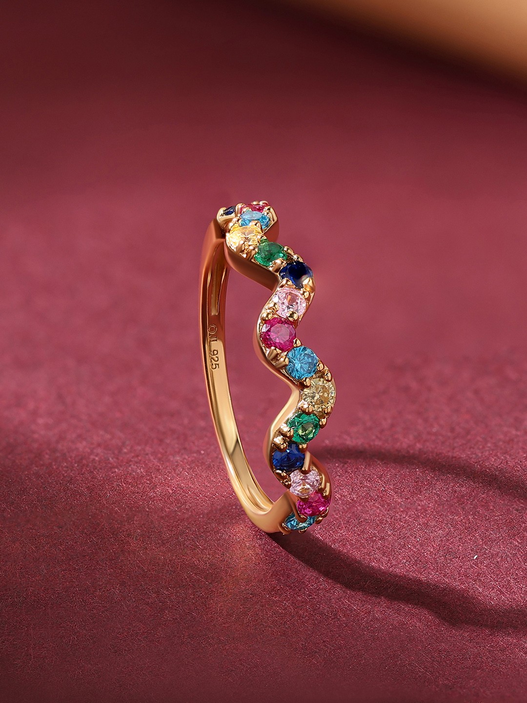 

Ornate Jewels 18KT Gold-Plated 925 Sterling Silver CZ-Studded Rainbow Waves Finger Ring