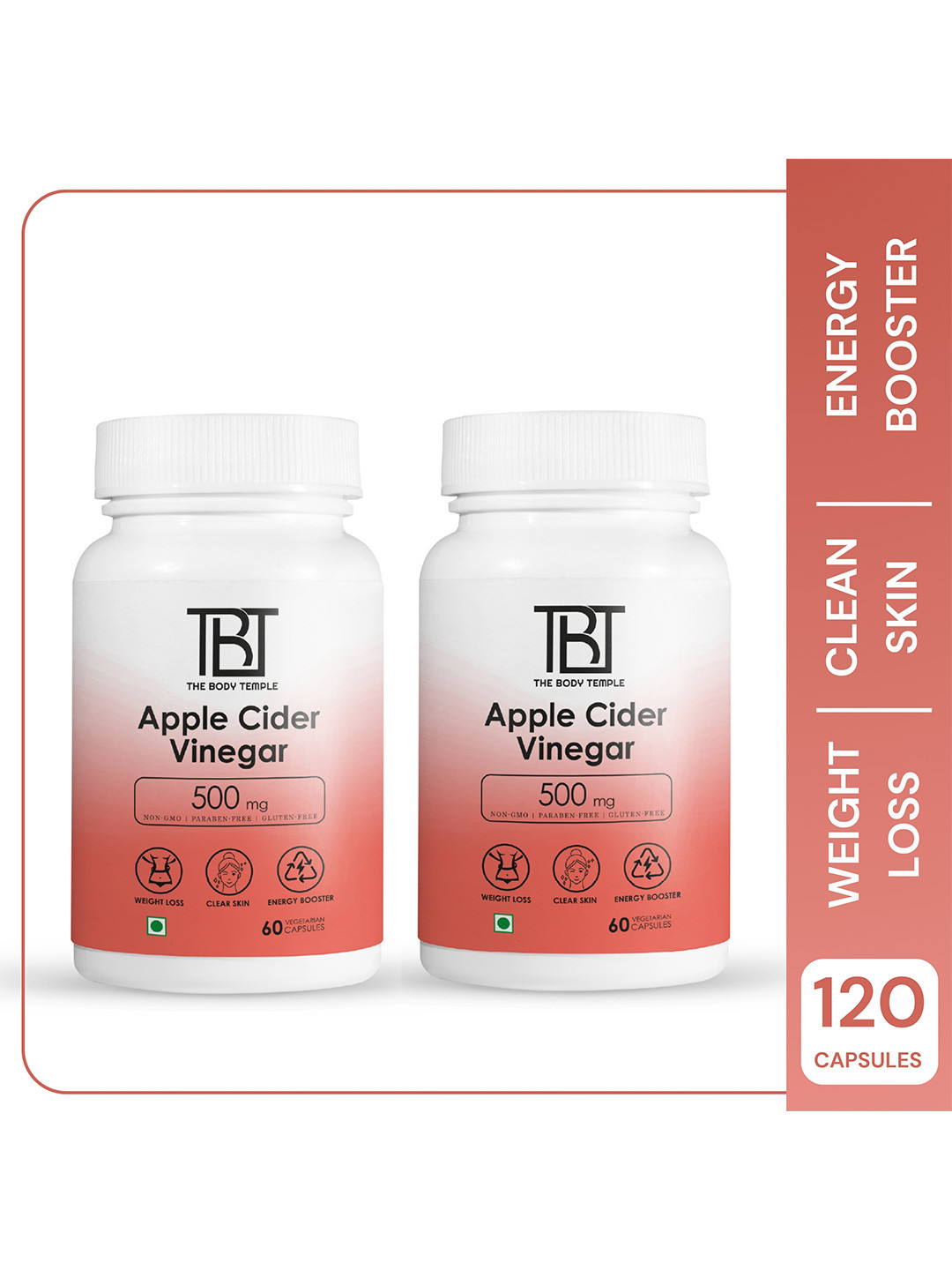 

The Body Temple Set of 2 Apple Cider Vinegar 500mg Capsules - 60 Capsules Each, White