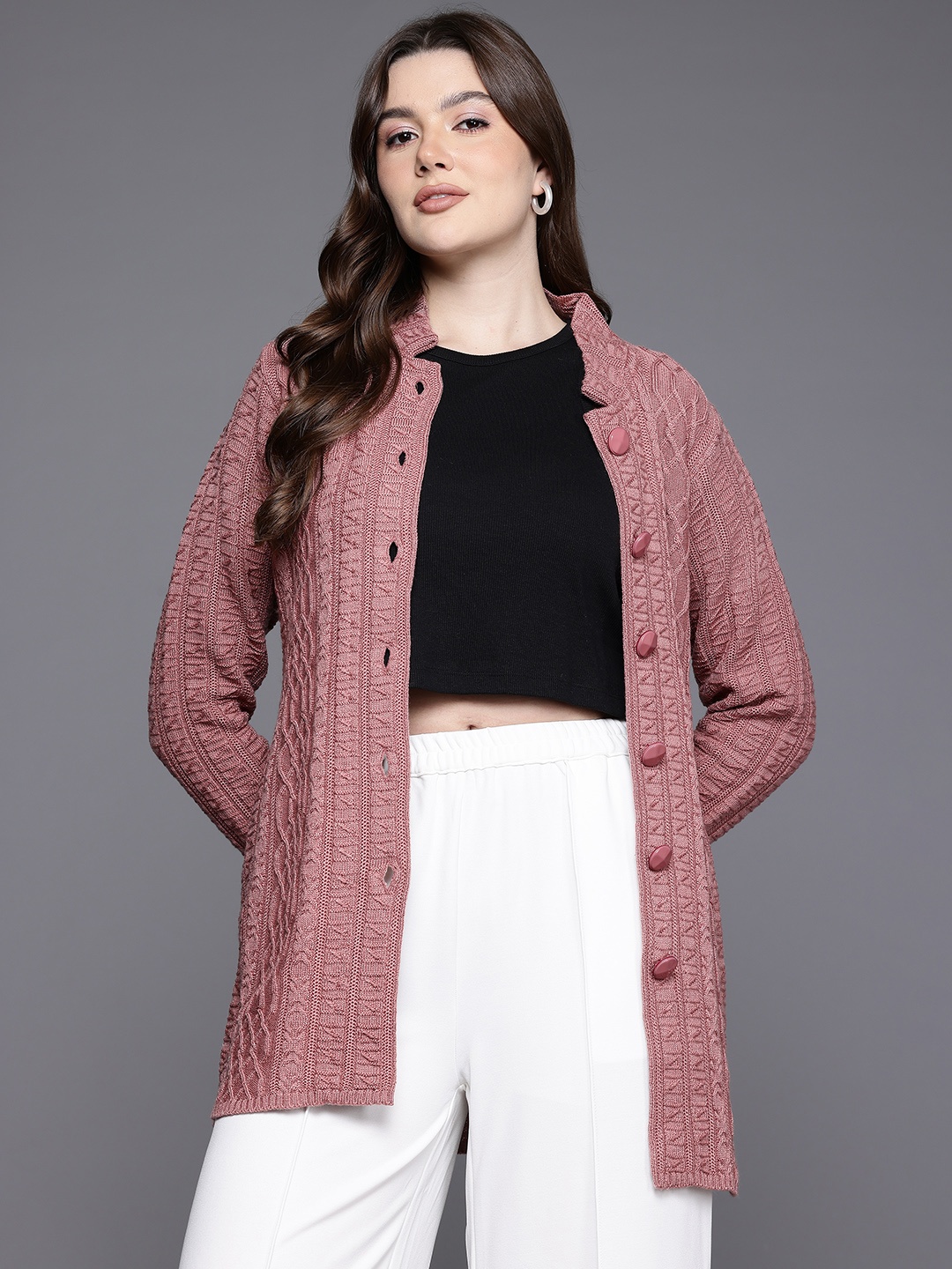 

Cayman Cable Knit Woollen Longline Pullover, Mauve
