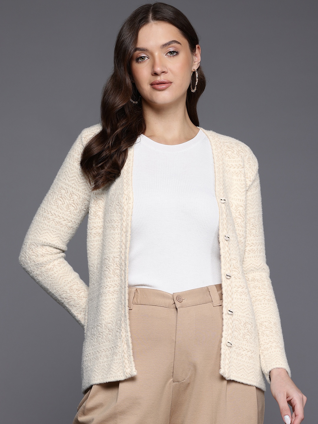 

Cayman Self Design Woollen Cardigan, Cream