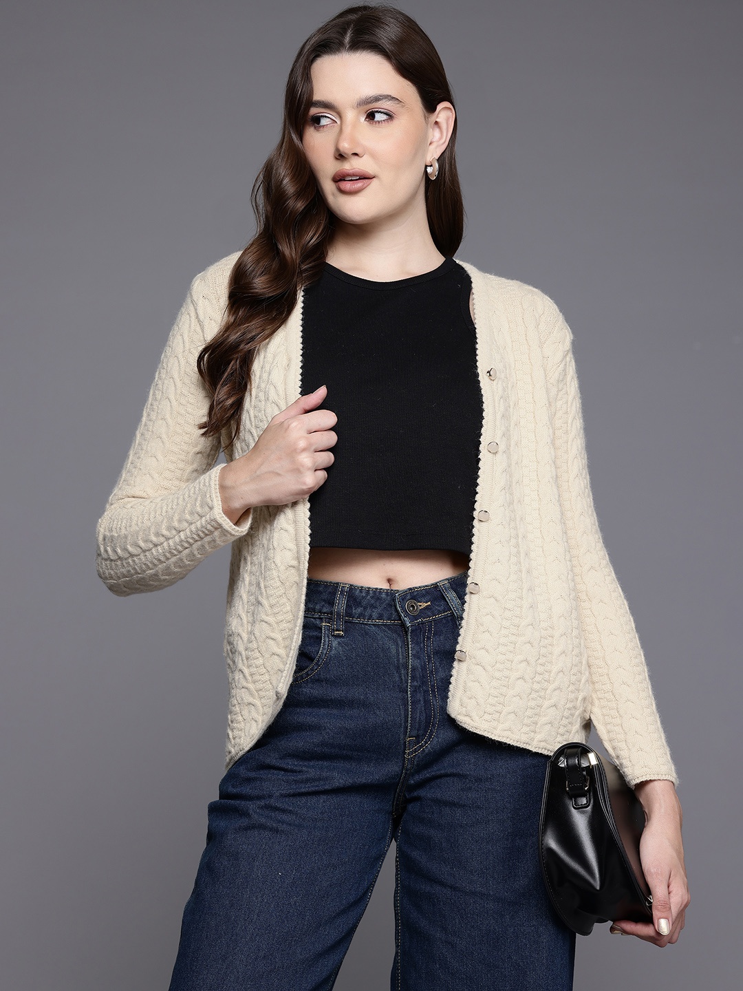 

Cayman Cable Knit Woollen Cardigan, Beige