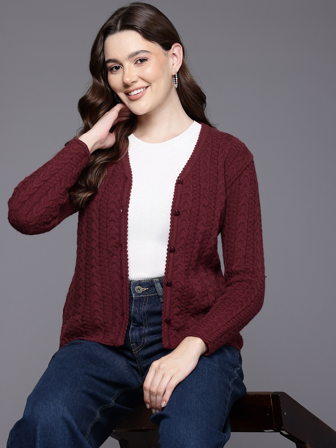 

Cayman Cable Knit Woollen Cardigan, Burgundy