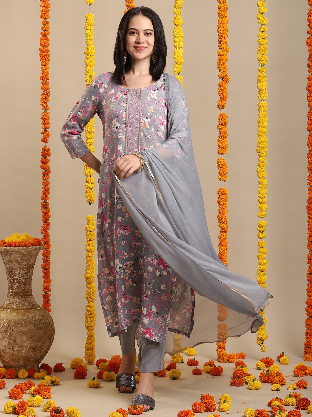 

KALINI Round Neck Floral Printed Straight Kurta with Trouser & Dupatta, Grey