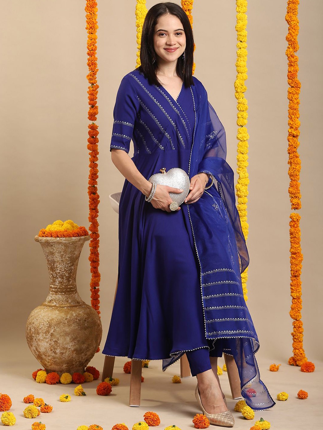 

KALINI V-Neck Anarkali Kurta with Trouser & Dupatta, Blue