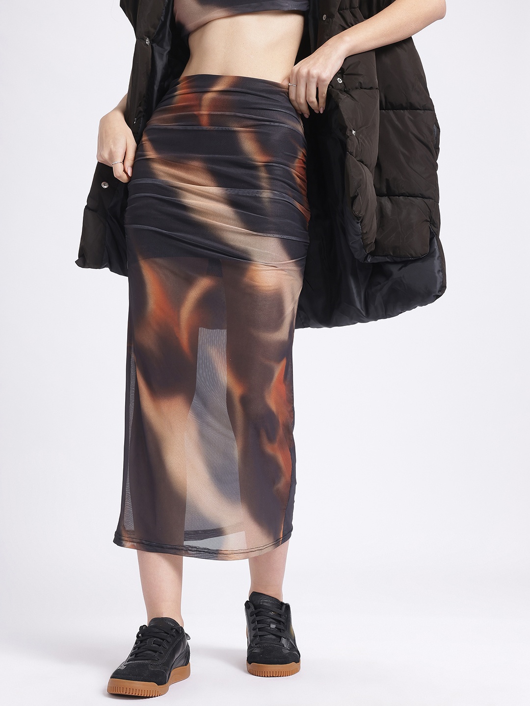 

glitchez Appealing Dyes Semi-Sheer Midi Mesh Pencil Skirt, Black