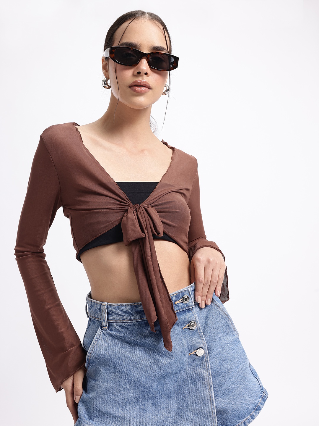 

glitchez Mesh Maze Crop Shrug, Brown