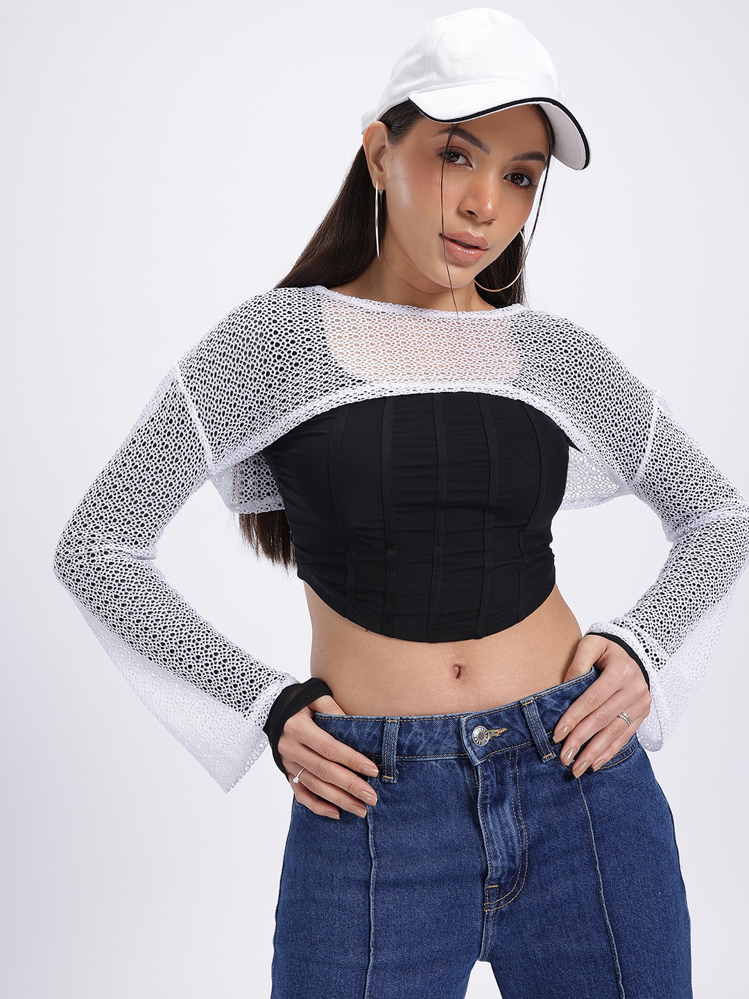 

glitchez Sheer Vibes Self-Design Drop-Shoulder Sleeves Crop Top, White