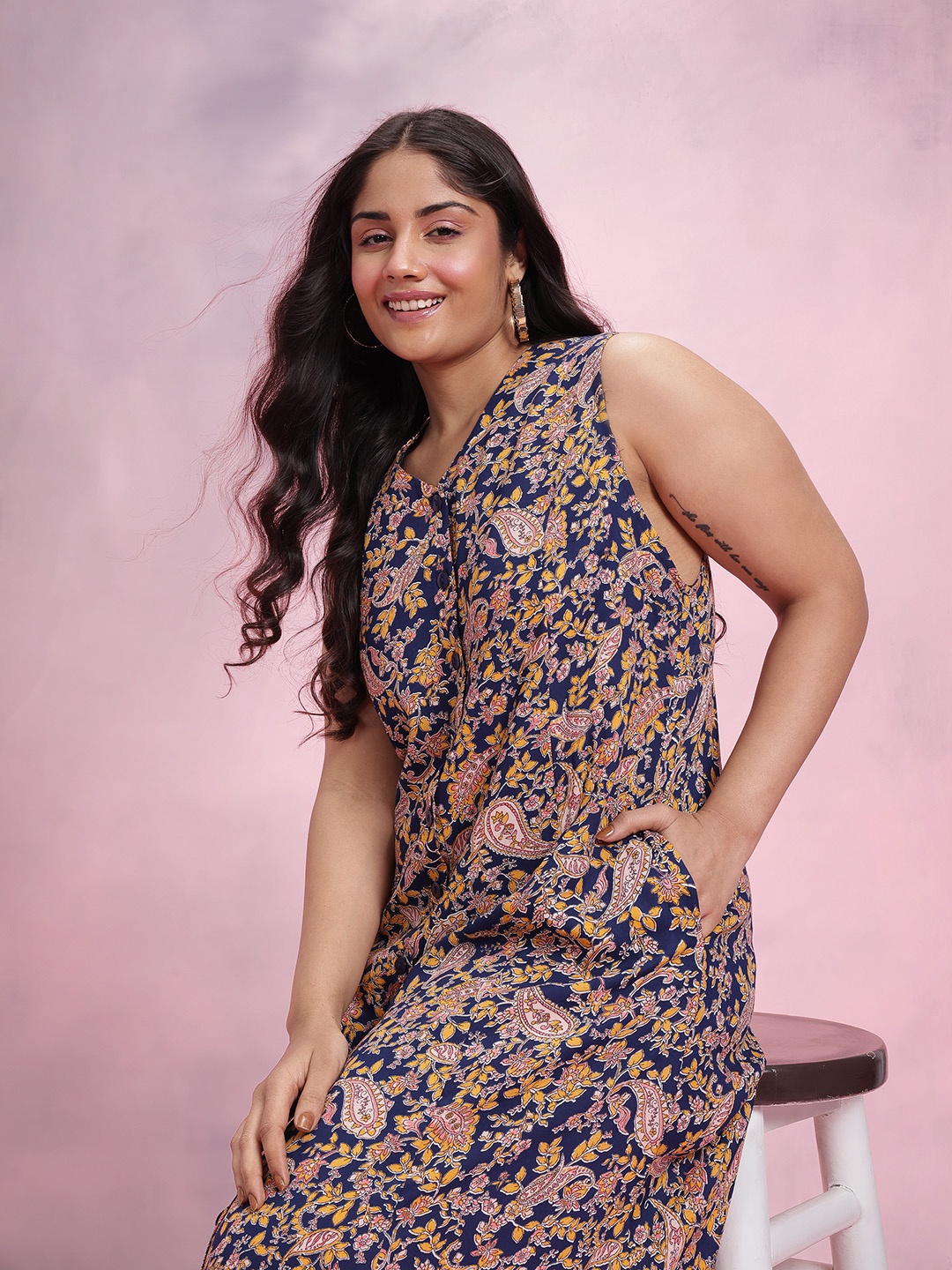 

DressBerry Curve Paisley Floral Print A-Line Midi Dress, Navy blue