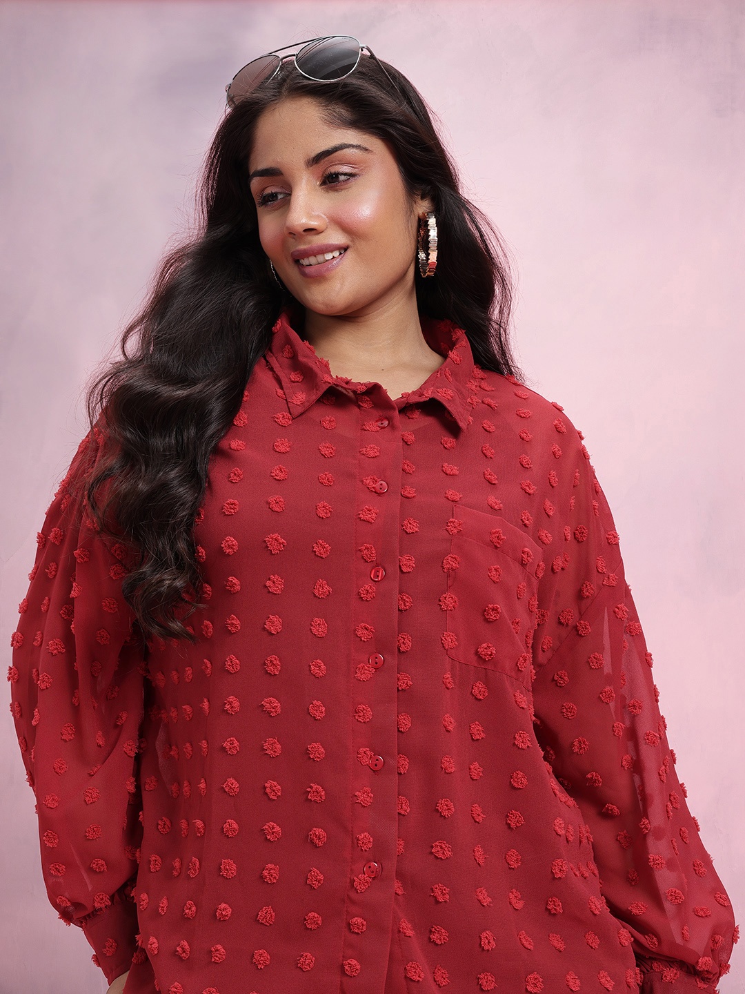 

DressBerry Curve Drop-Shoulder Dobby Shirt, Red