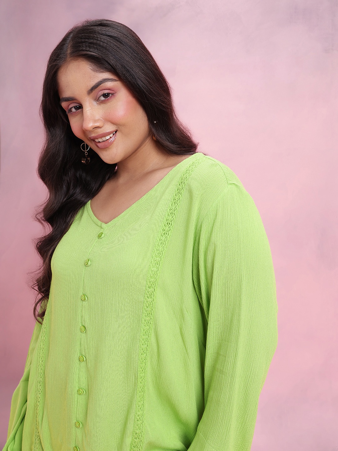 

DressBerry Curve Plus Size V-Neck Bell Sleeve Top, Green