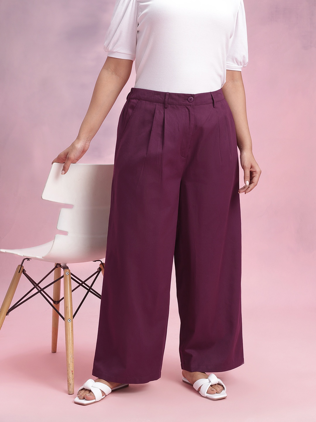 

DressBerry Curve Women Pure Cotton Parallel Trousers, Purple