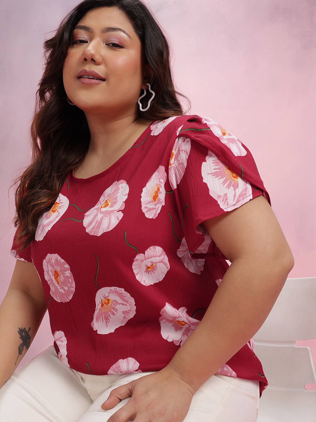 

DressBerry Curve Plus Size Floral Print Bell Sleeves Crinkled Top, Fuchsia