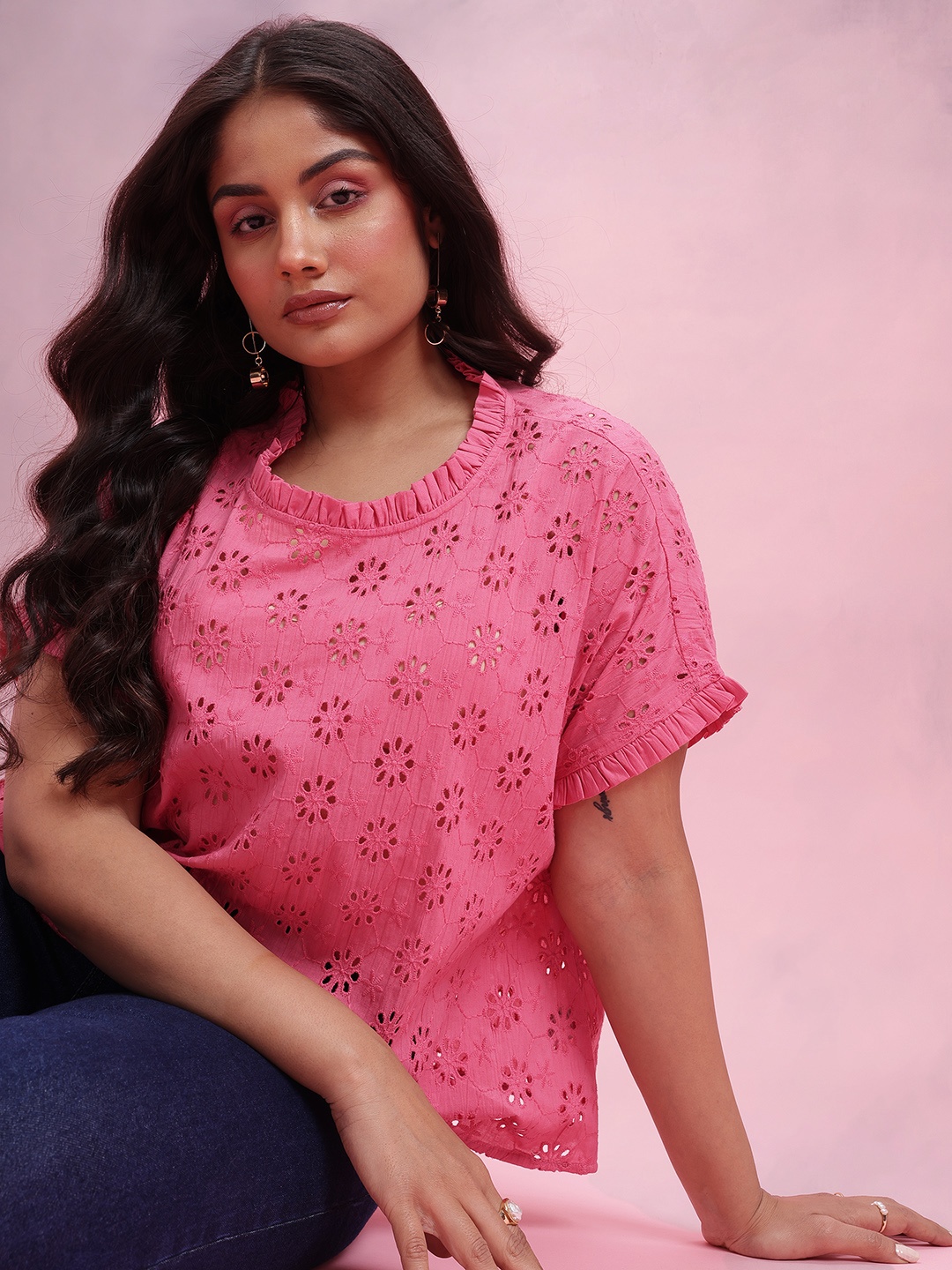 

DressBerry Curve Plus Size Floral Schiffli Cotton Top, Pink