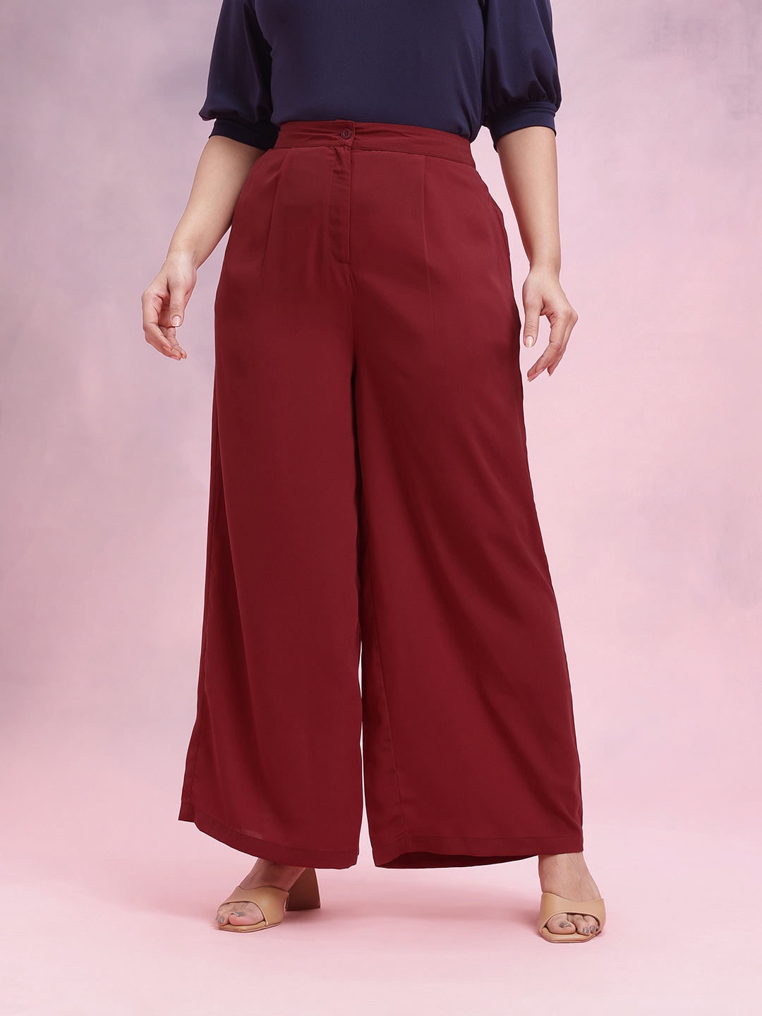 

DressBerry Curve Women Plus Size Flared Pleated Trousers, Maroon