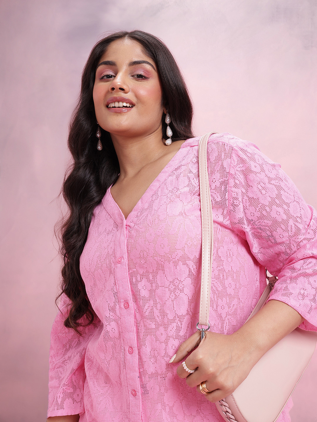 

DressBerry Curve Plus Size Self Design Floral Pure Cotton Top, Pink