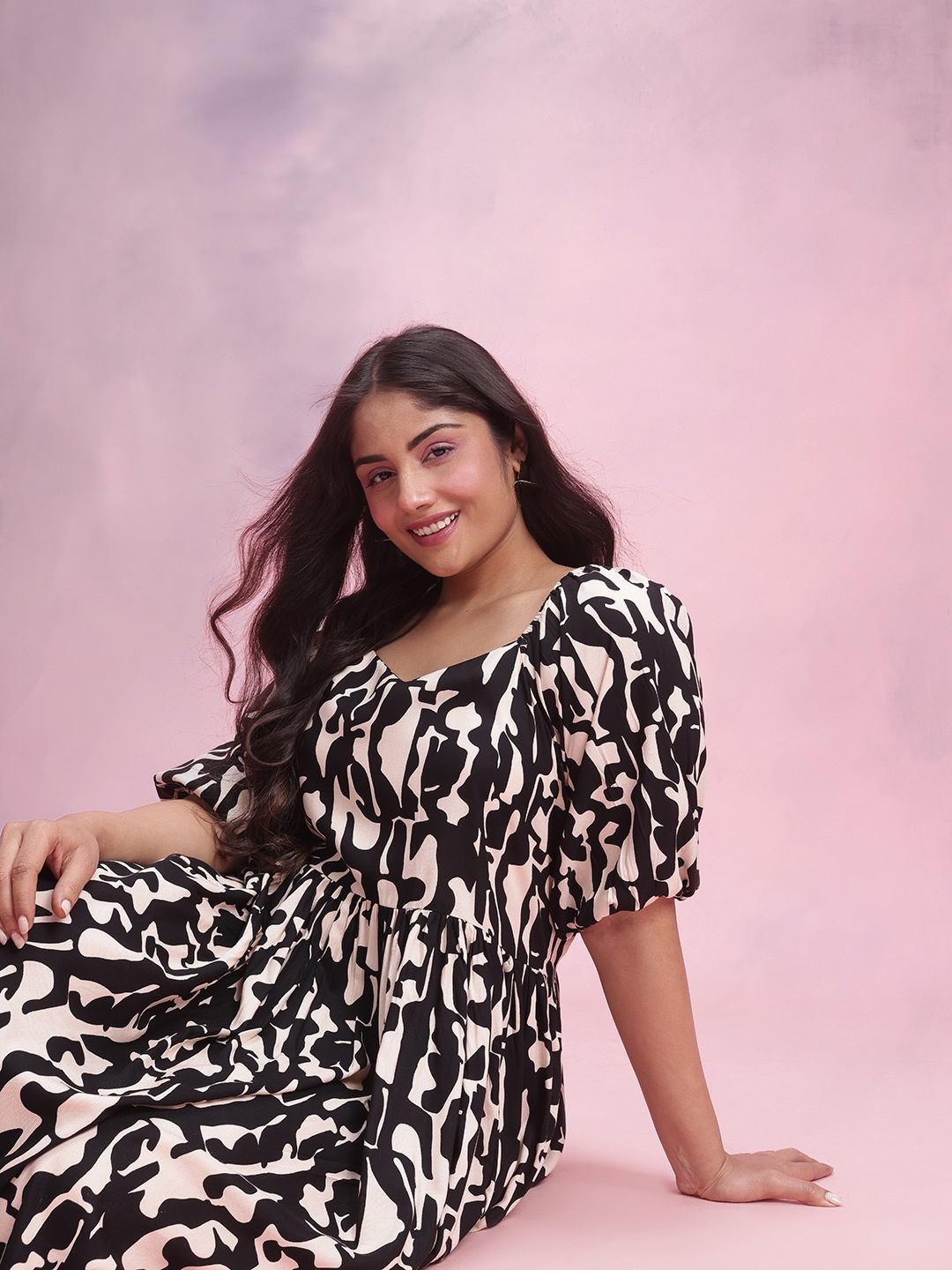 

DressBerry Curve Print Puff Sleeve Fit & Flare Midi Dress, Navy blue