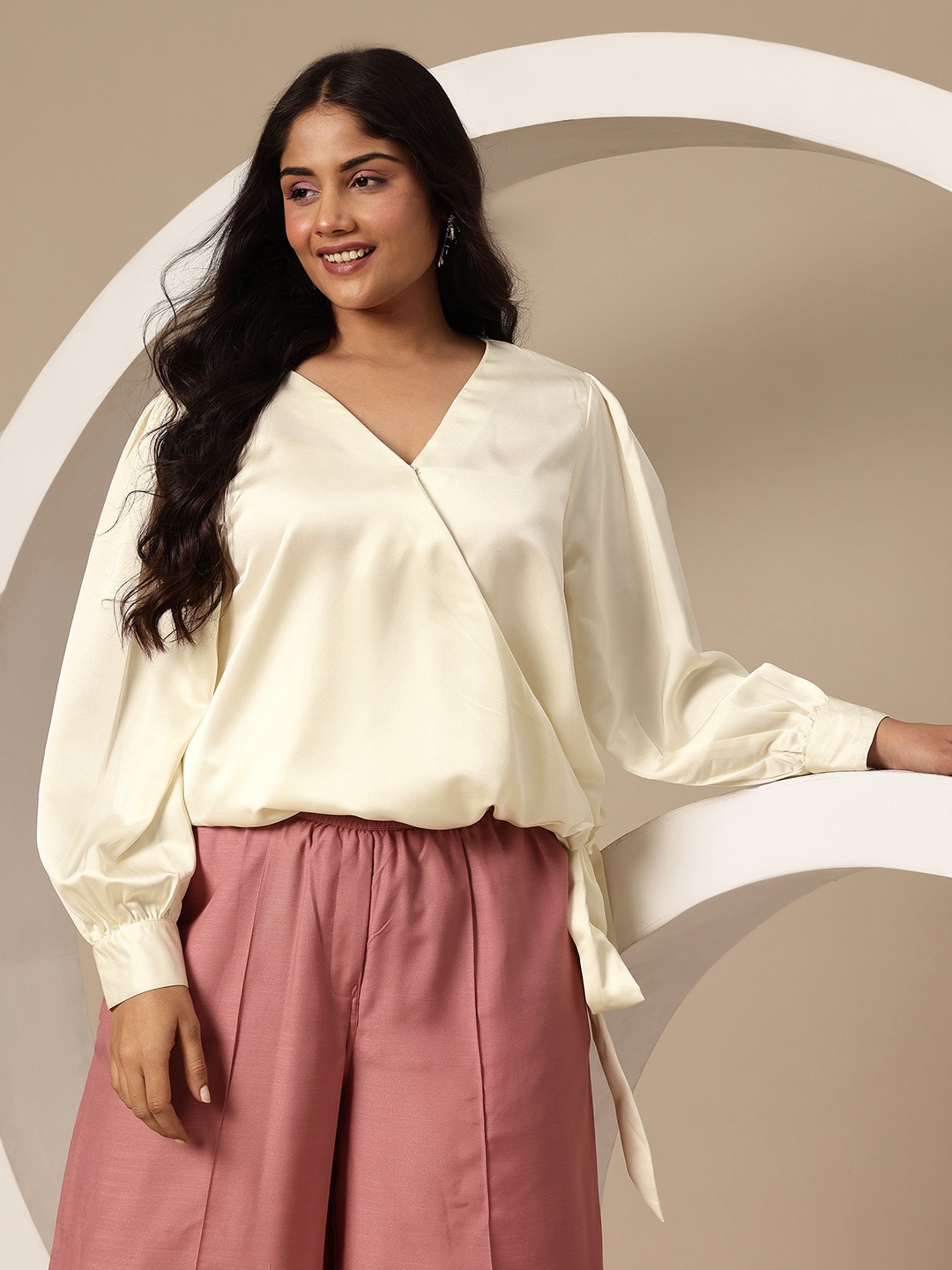 

Sztori Plus Size Puff Sleeve Tie-Up Detail Wrap Top, Cream