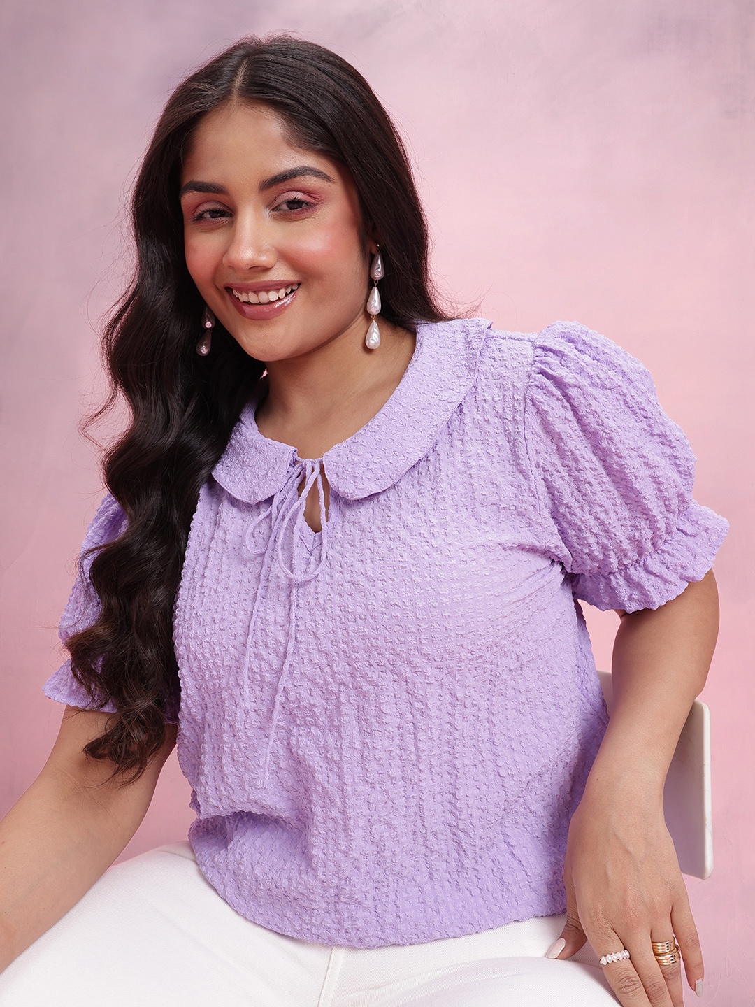 

DressBerry Curve Peter Pan Collar Puff Sleeve Seersucker Top, Purple