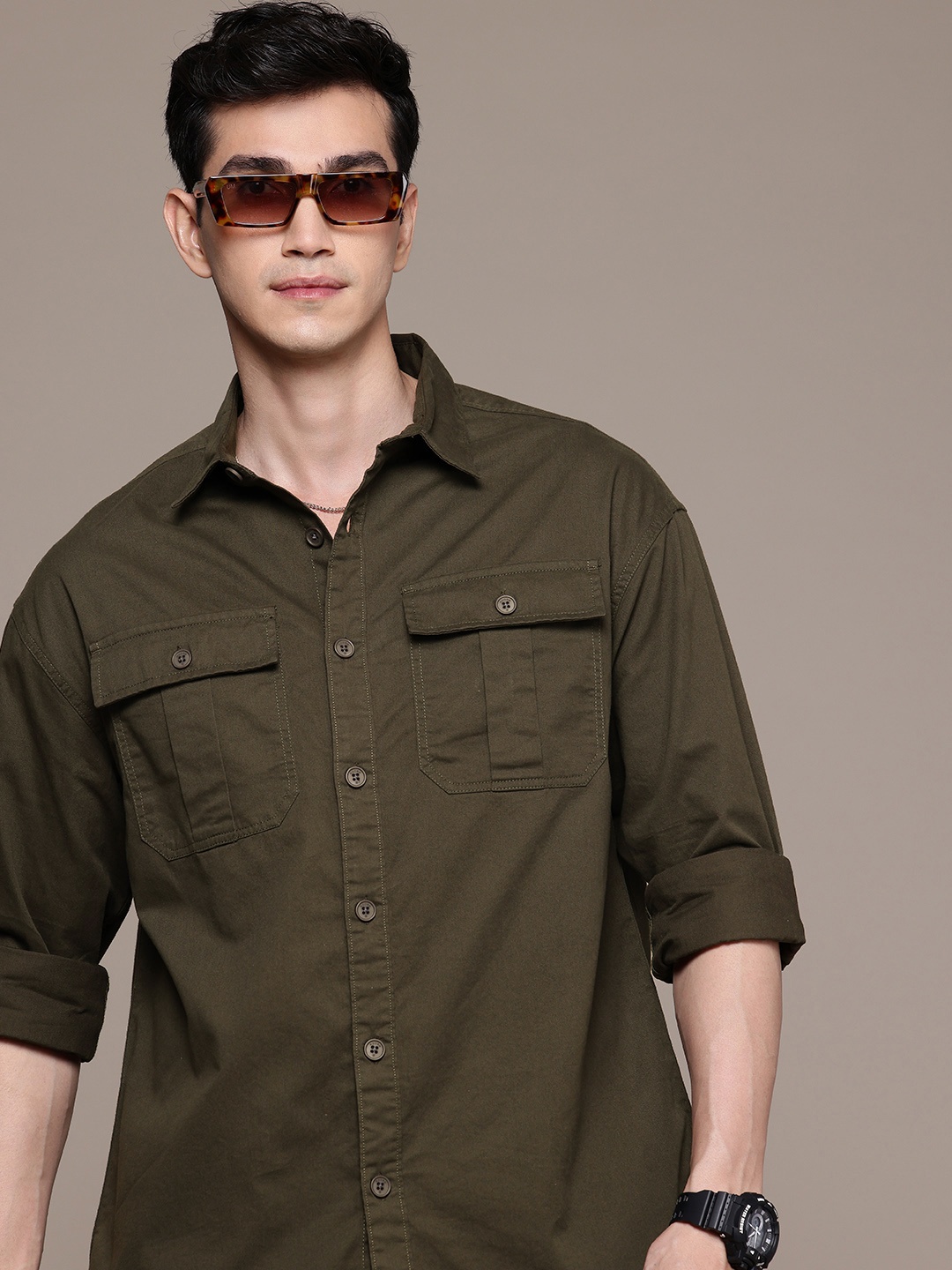 

WROGN Pure Cotton Drop-Shoulder Sleeves Oversized Shirt, Olive