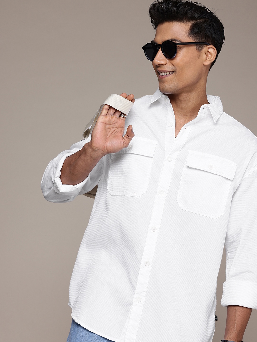 

WROGN Pure Cotton Self Design Textured Waffle Weave Oversized Shirt, White