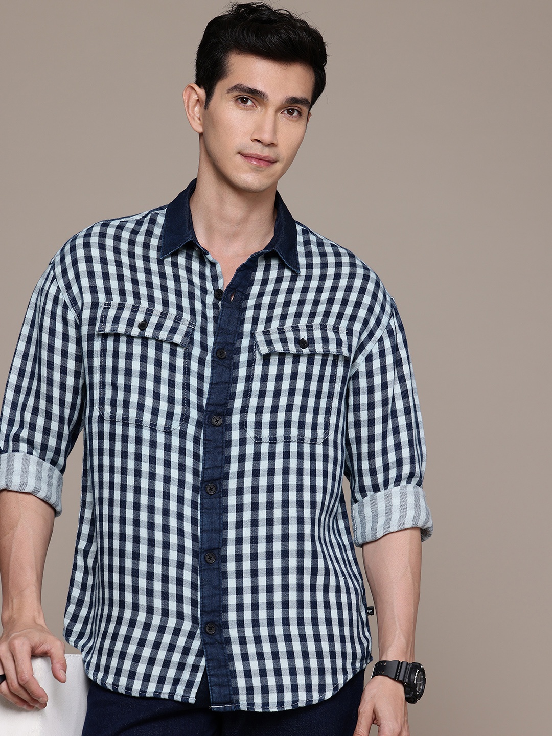 

WROGN Pure Cotton Checked Drop-Shoulder Sleeves Oversized Shirt, Navy blue
