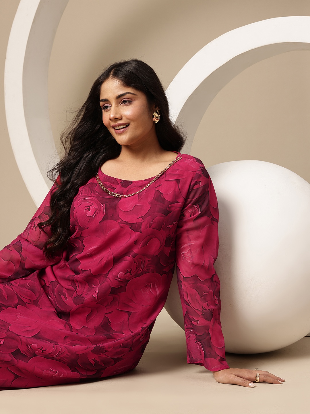 

Sztori Plus Size Floral Print Puff Sleeve A-Line Dress, Pink