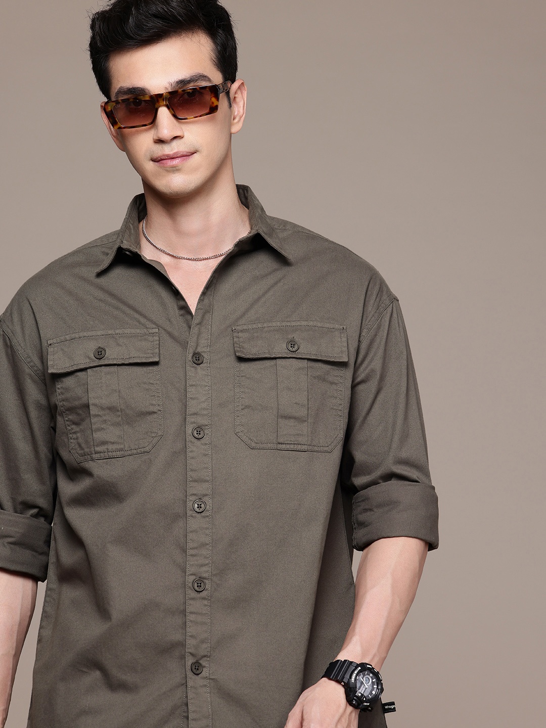 

WROGN Pure Cotton Drop-Shoulder Sleeves Oversized Casual Shirt, Grey