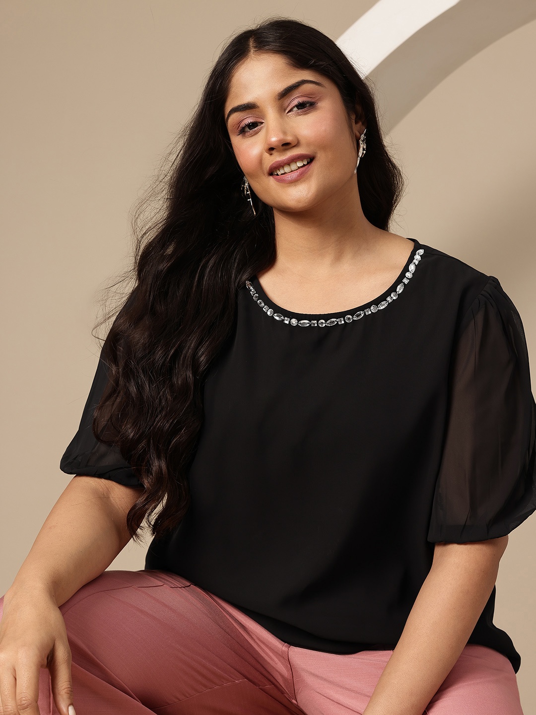 

Sztori Plus Size Puff Sleeve Studded Top, Black