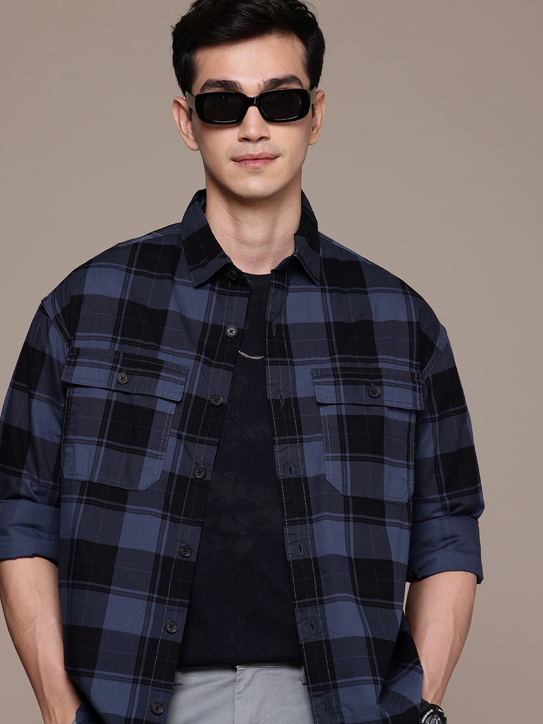 

WROGN Pure Cotton Oversized Checked Casual Shirt, Blue