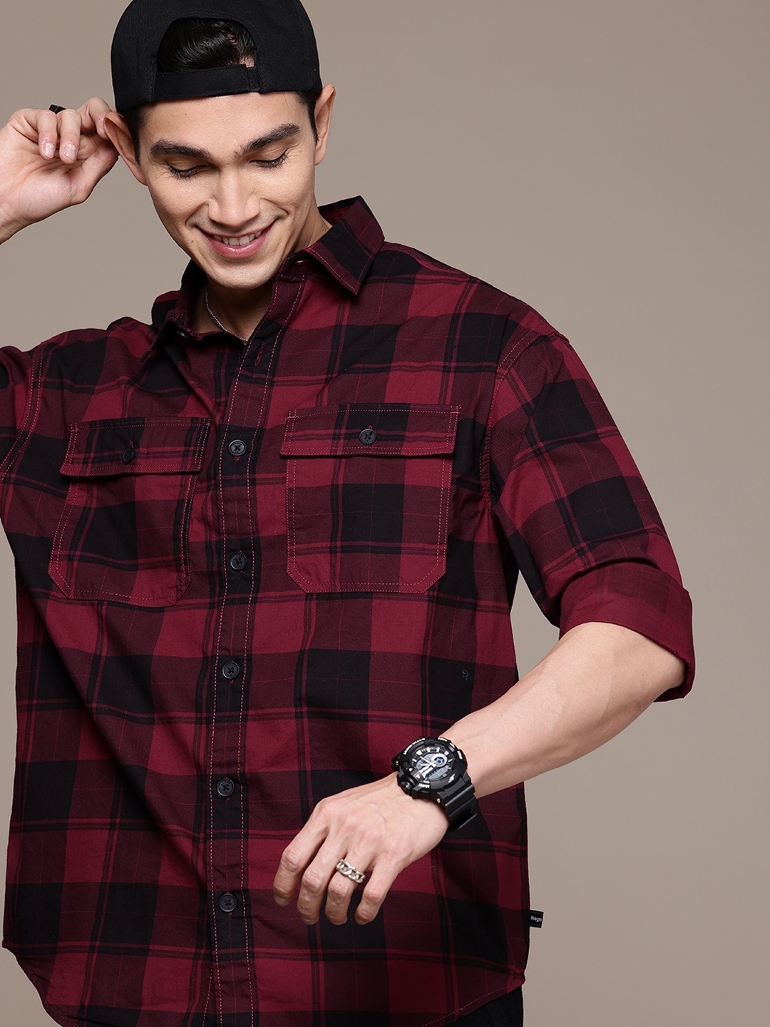 

WROGN Pure Cotton Oversized Checked Casual Shirt, Maroon